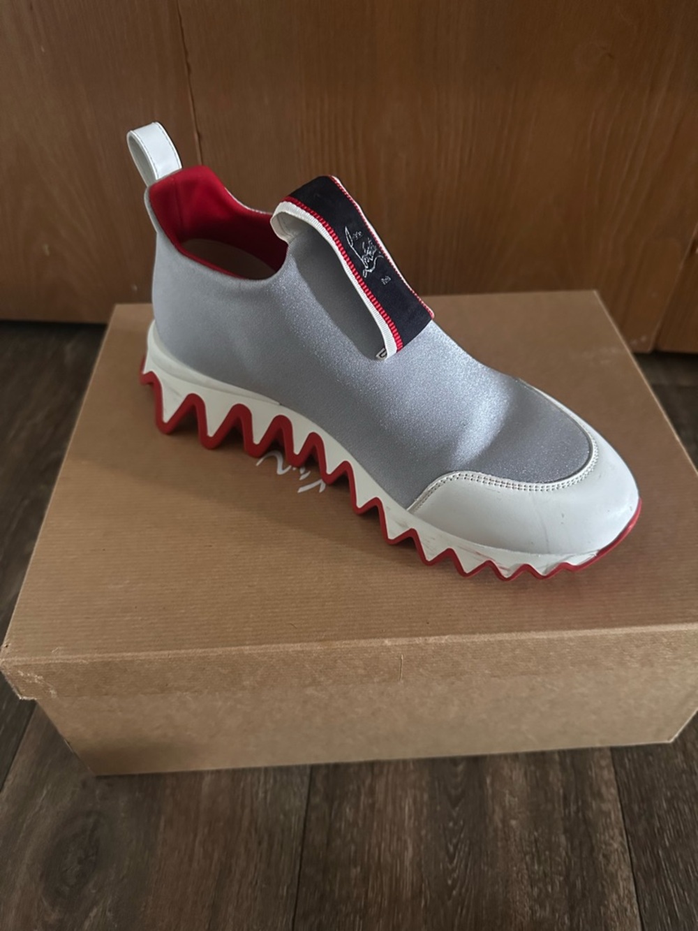 Christian Louboutin Gray White and Red Spike-Sole Sneaker